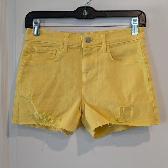 L'AGENCE Shorts Size 23 Yellow Audrey Denim Distressed Raw-Hem Mid-Rise NWT - Picture 2 of 16